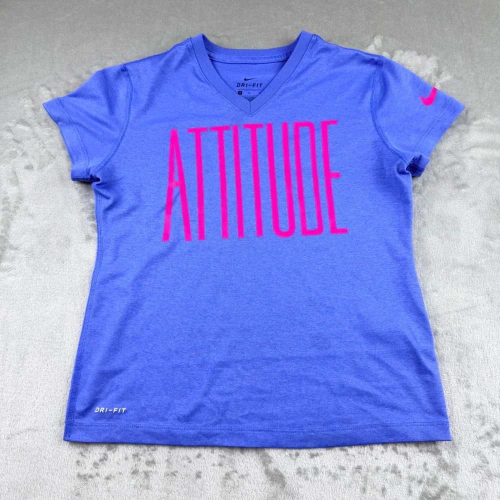 Nike Dri-FIT Kids Blue Pink Attitude Graphic V-Neck Athletic T-Shirt Size M